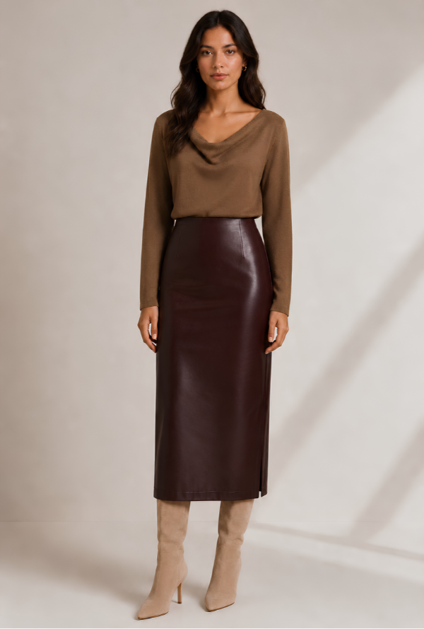 Valentina Faux Leather Skirt - Choc Burgundy