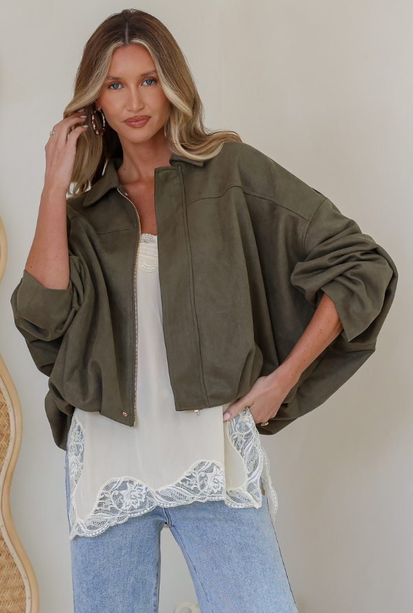 Molly Faux Suede Jacket - Khaki