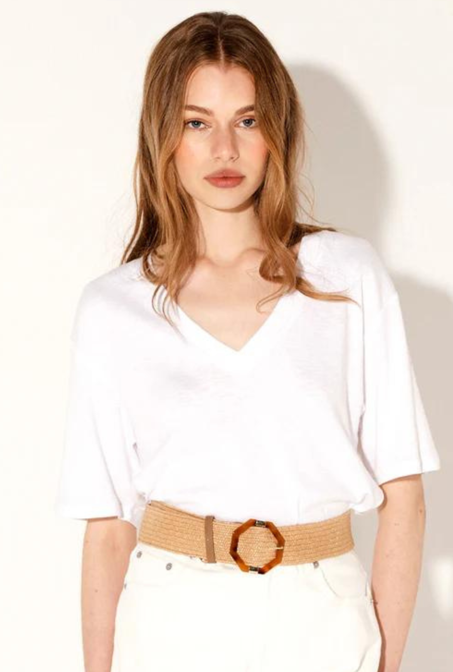 Chrissie Acrylic Geometric Buckle Straw Belt - Natural