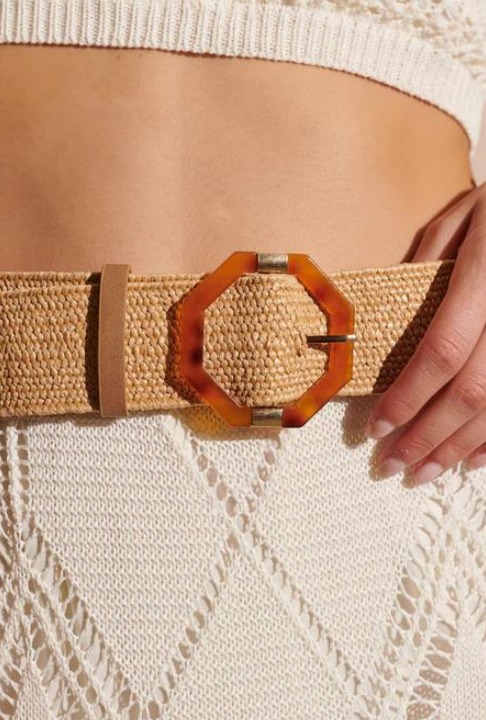 Chrissie Acrylic Geometric Buckle Straw Belt - Natural