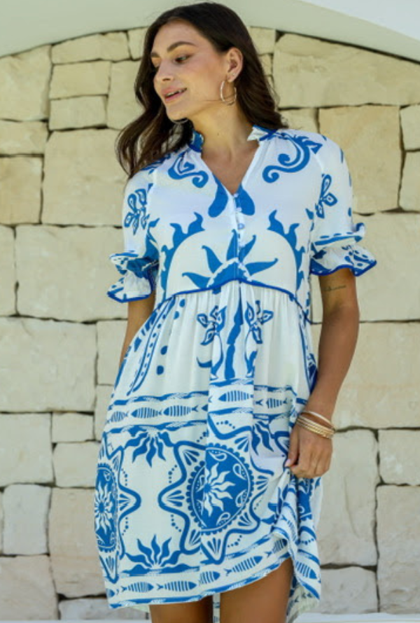 Santorini Soleil Ruffle Sleeve Dress - Blue