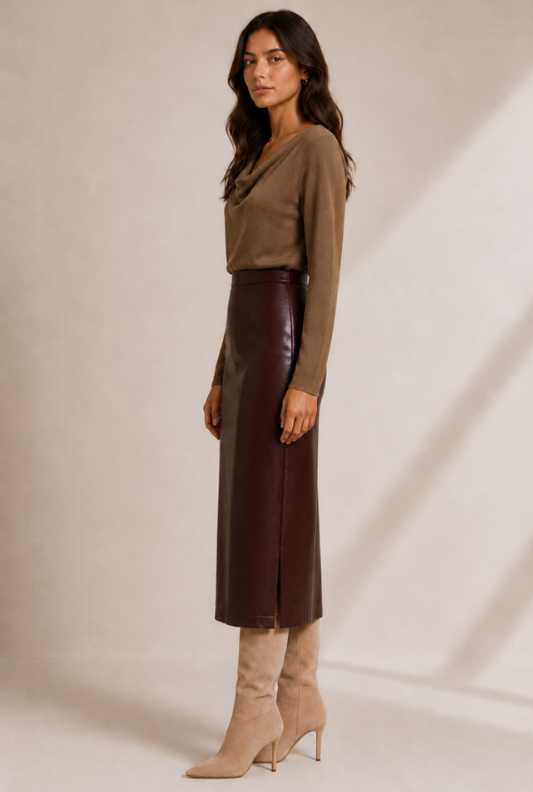 Valentina Faux Leather Skirt - Chocolate Burgundy